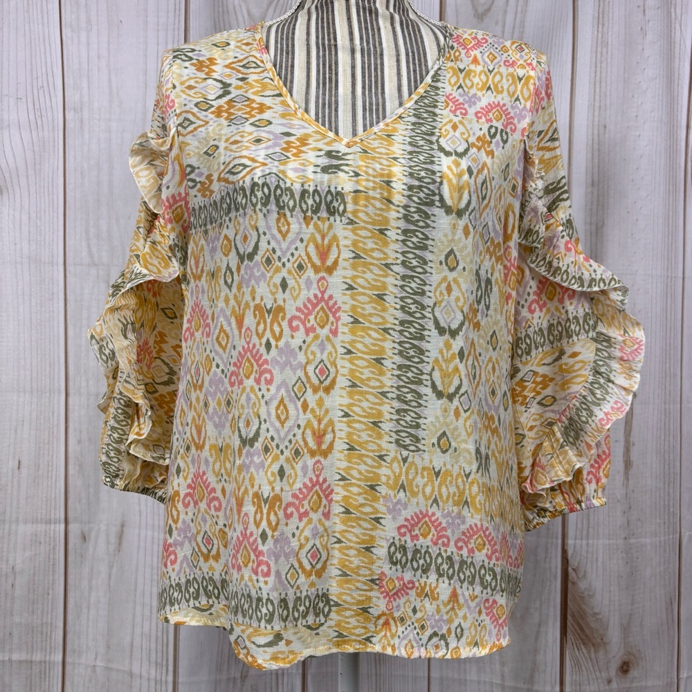 Boho Blouse 3/4 Ruffle Sleeve V-Neck Lightweight Sheer Multicolor Fall Top Sz PM